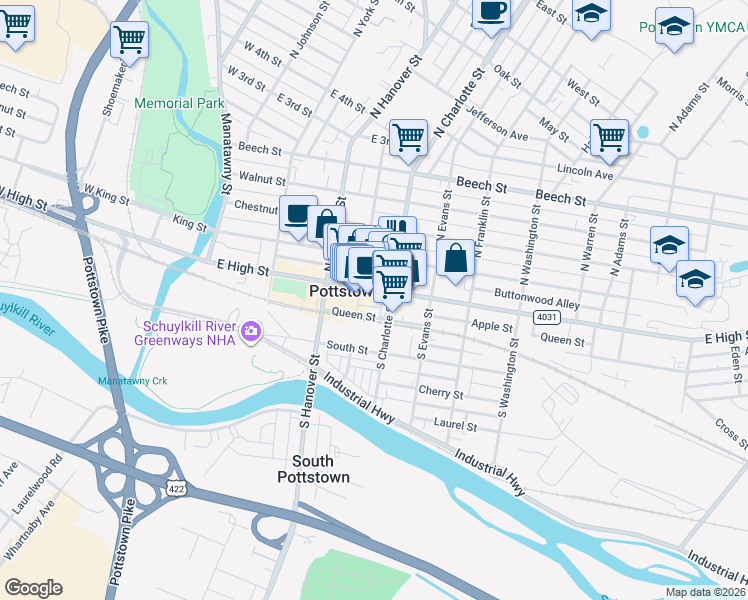 map of restaurants, bars, coffee shops, grocery stores, and more near 264 East High Street in Pottstown