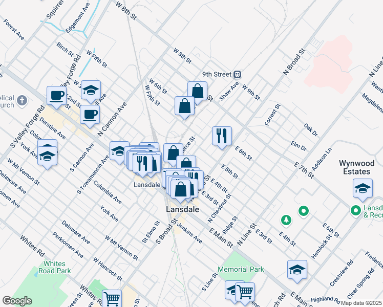 map of restaurants, bars, coffee shops, grocery stores, and more near 412 Walnut Street in Lansdale