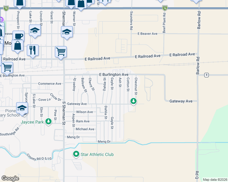 map of restaurants, bars, coffee shops, grocery stores, and more near 218 Gayle Street in Fort Morgan