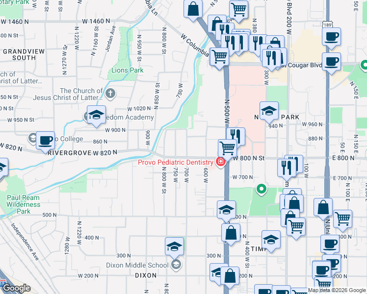 map of restaurants, bars, coffee shops, grocery stores, and more near 836 700 West in Provo