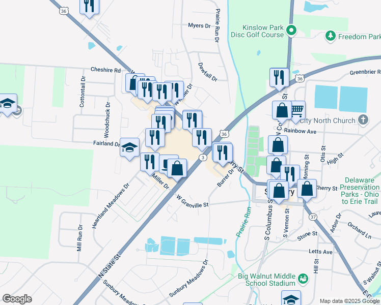 map of restaurants, bars, coffee shops, grocery stores, and more near 133 Ohio 3 in Sunbury