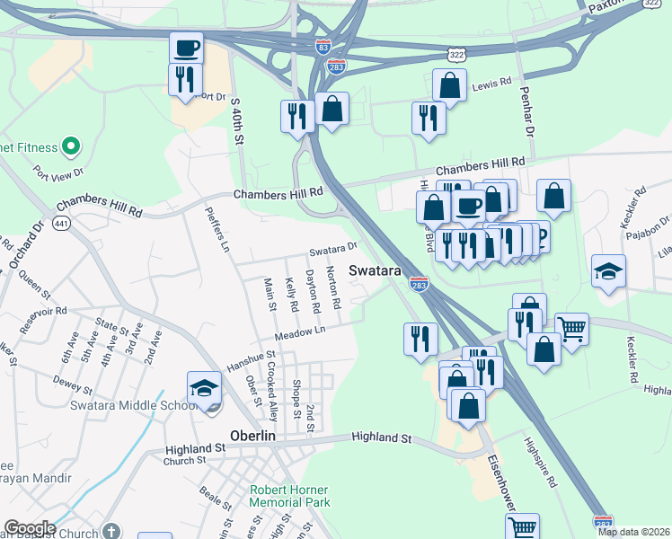 map of restaurants, bars, coffee shops, grocery stores, and more near 1380 Norton Rd in Steelton