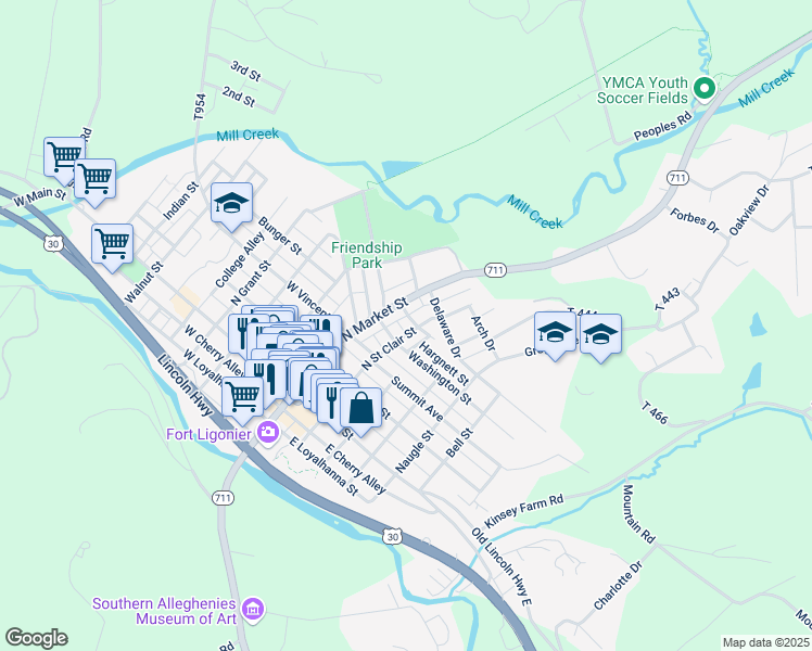 map of restaurants, bars, coffee shops, grocery stores, and more near 416 North Saint Clair Street in Ligonier
