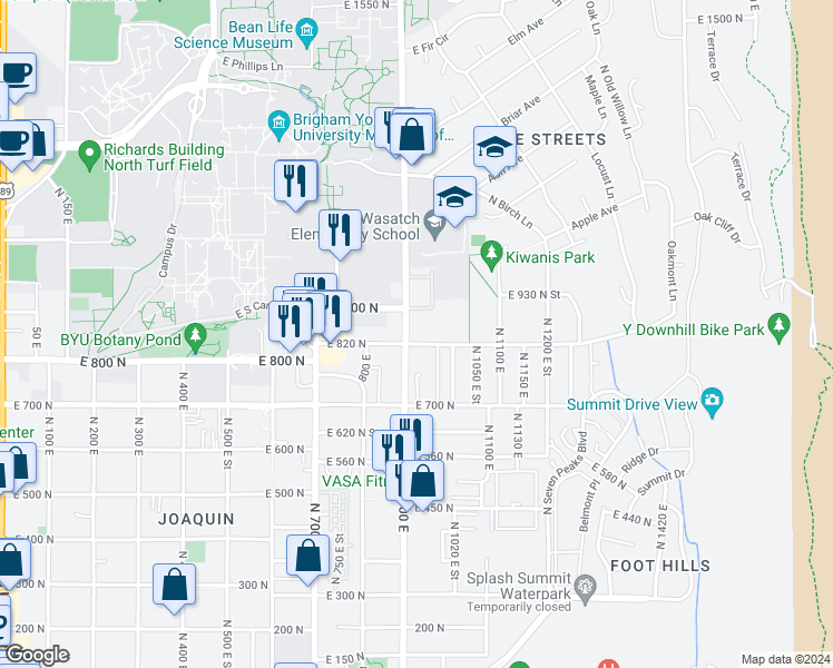 map of restaurants, bars, coffee shops, grocery stores, and more near 951 East 820 North in Provo