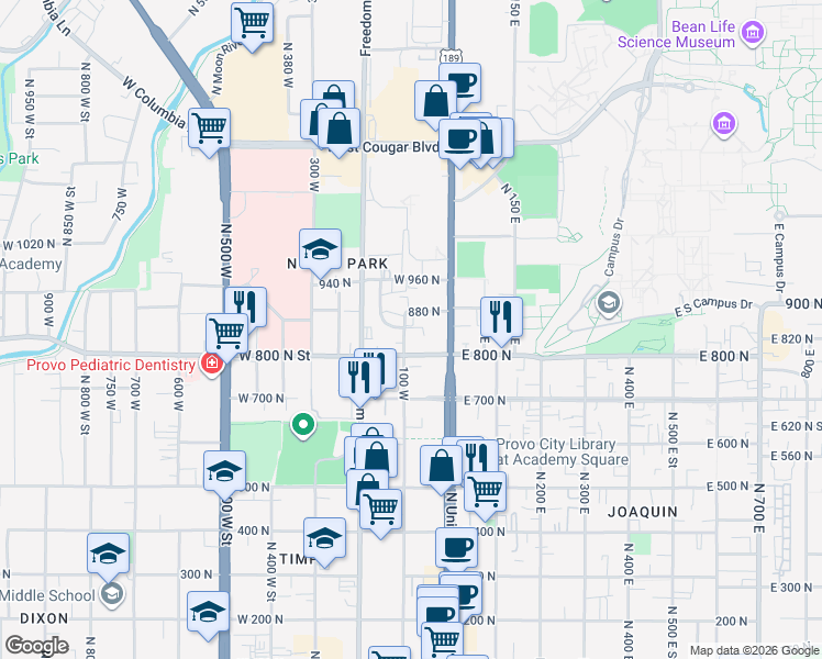 map of restaurants, bars, coffee shops, grocery stores, and more near 830 100 West in Provo