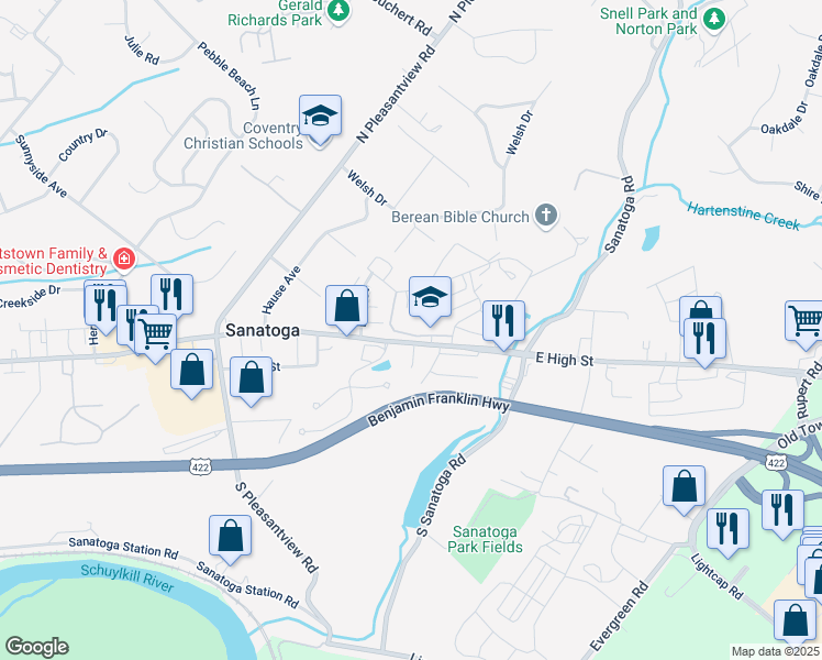 map of restaurants, bars, coffee shops, grocery stores, and more near 2530 East High Street in Sanatoga
