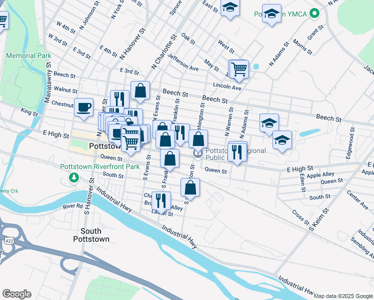 map of restaurants, bars, coffee shops, grocery stores, and more near 423 East High Street in Pottstown