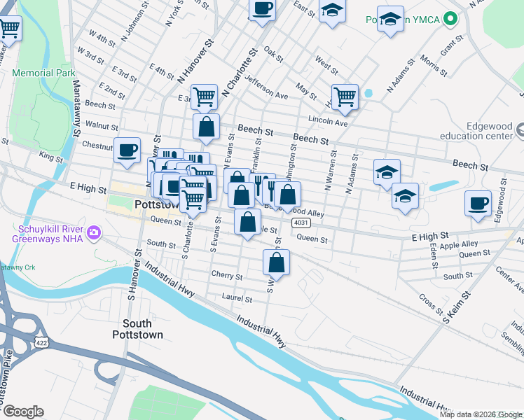 map of restaurants, bars, coffee shops, grocery stores, and more near 423 East High Street in Pottstown