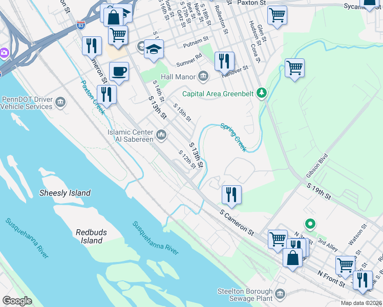 map of restaurants, bars, coffee shops, grocery stores, and more near 1515 South 12th Street in Harrisburg
