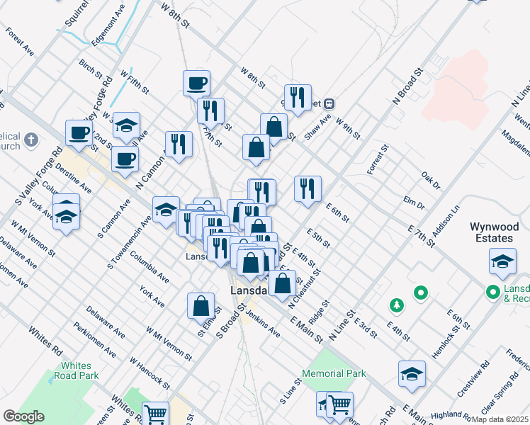 map of restaurants, bars, coffee shops, grocery stores, and more near 412 Walnut Street in Lansdale