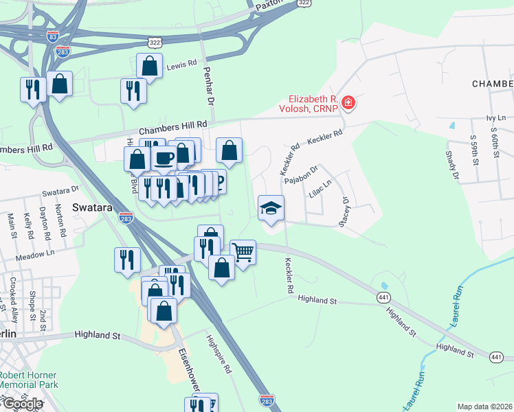 map of restaurants, bars, coffee shops, grocery stores, and more near 790 Winding Lane in Harrisburg
