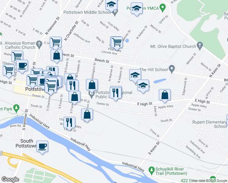 map of restaurants, bars, coffee shops, grocery stores, and more near 614 King Street in Pottstown