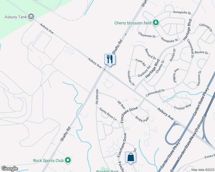 map of restaurants, bars, coffee shops, grocery stores, and more near 24 South Pointe Drive in Tinton Falls