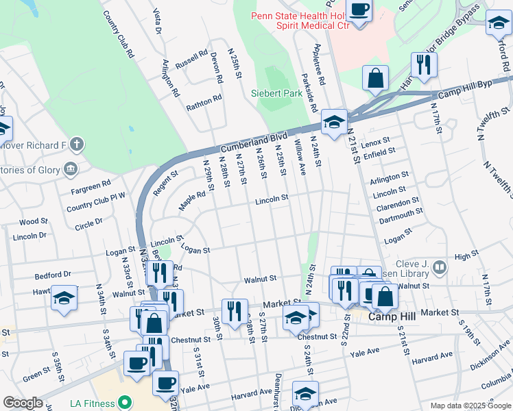 map of restaurants, bars, coffee shops, grocery stores, and more near 2701 Lincoln Street in Camp Hill