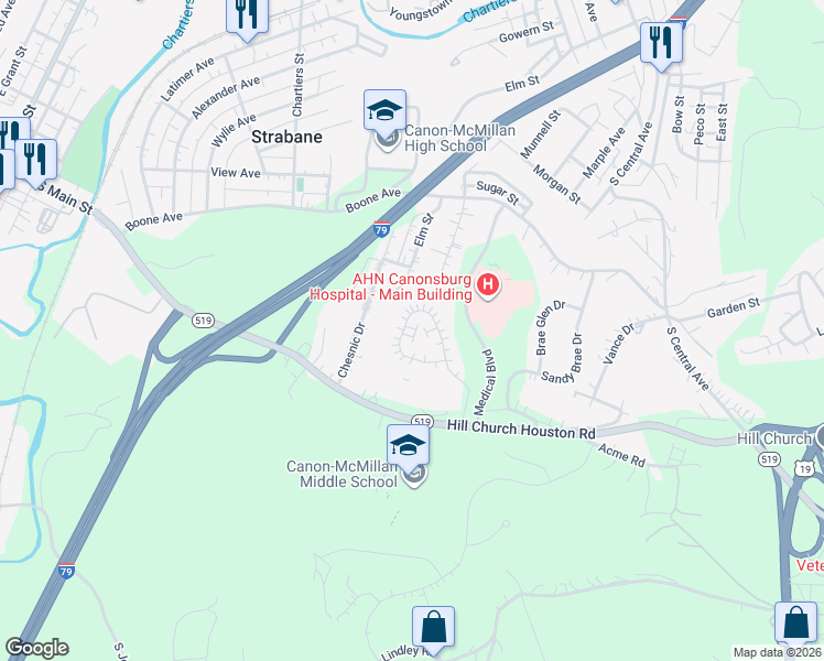 map of restaurants, bars, coffee shops, grocery stores, and more near 125 Sedeca Drive in Canonsburg