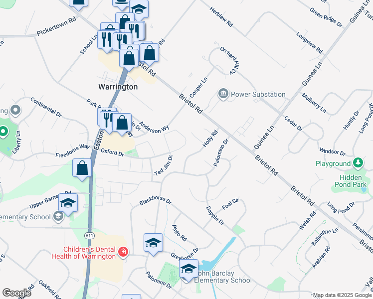 map of restaurants, bars, coffee shops, grocery stores, and more near 2172 Lisa Drive in Warrington