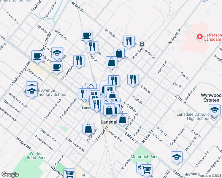 map of restaurants, bars, coffee shops, grocery stores, and more near 405 Pierce Street in Lansdale