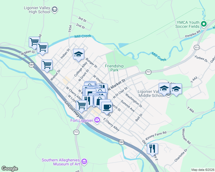 map of restaurants, bars, coffee shops, grocery stores, and more near 231 North Market Street in Ligonier