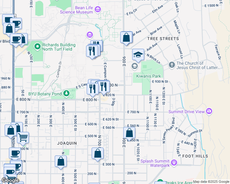 map of restaurants, bars, coffee shops, grocery stores, and more near 785 East 820 North in Provo