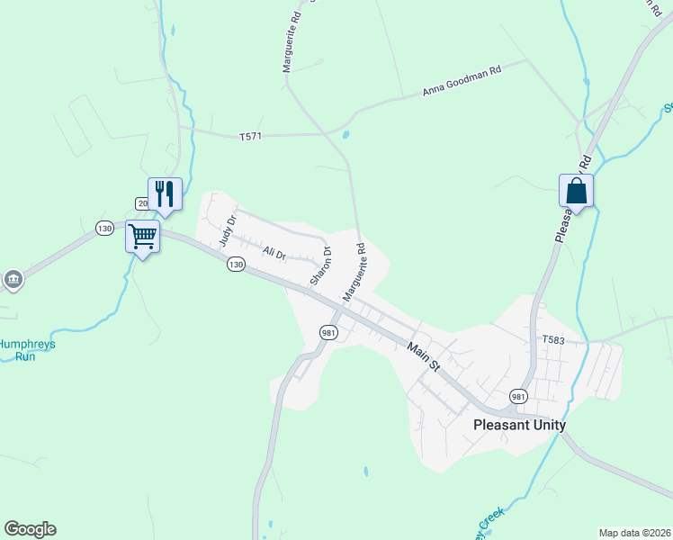 map of restaurants, bars, coffee shops, grocery stores, and more near 104 Sharon Drive in Pleasant Unity