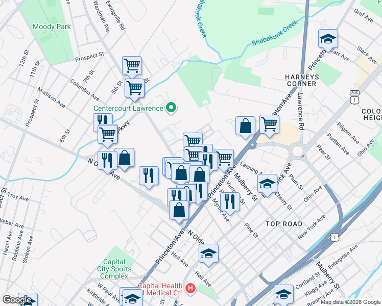 map of restaurants, bars, coffee shops, grocery stores, and more near 990 Spruce Street in Lawrence Township