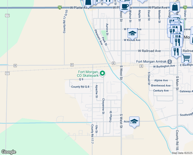 map of restaurants, bars, coffee shops, grocery stores, and more near 920 Comanche Avenue in Fort Morgan