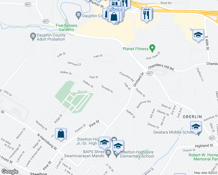 map of restaurants, bars, coffee shops, grocery stores, and more near 504 Sunday Drive in Harrisburg