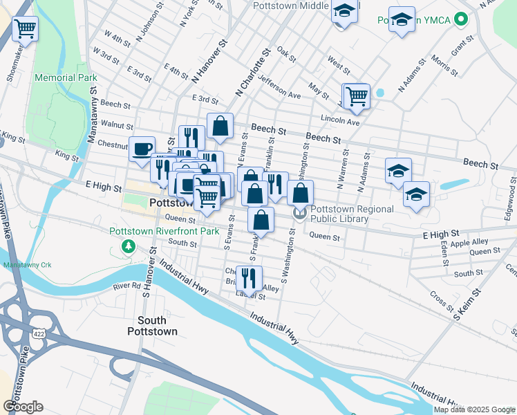 map of restaurants, bars, coffee shops, grocery stores, and more near 364 East High Street in Pottstown