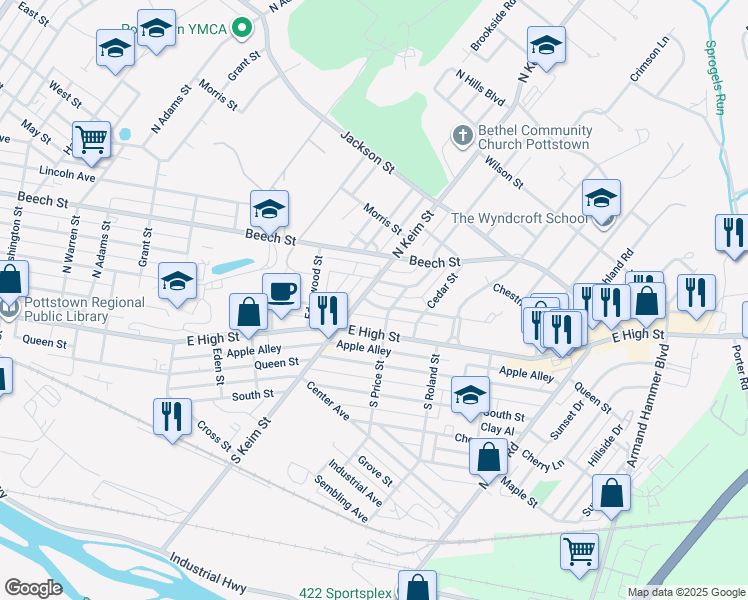 map of restaurants, bars, coffee shops, grocery stores, and more near 1011 Rambler Avenue in Pottstown