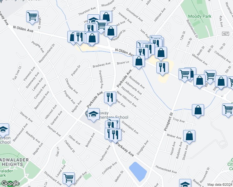 map of restaurants, bars, coffee shops, grocery stores, and more near 7 New Hillcrest Avenue in Trenton