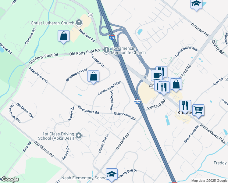 map of restaurants, bars, coffee shops, grocery stores, and more near 214 Norwyck Way in Harleysville