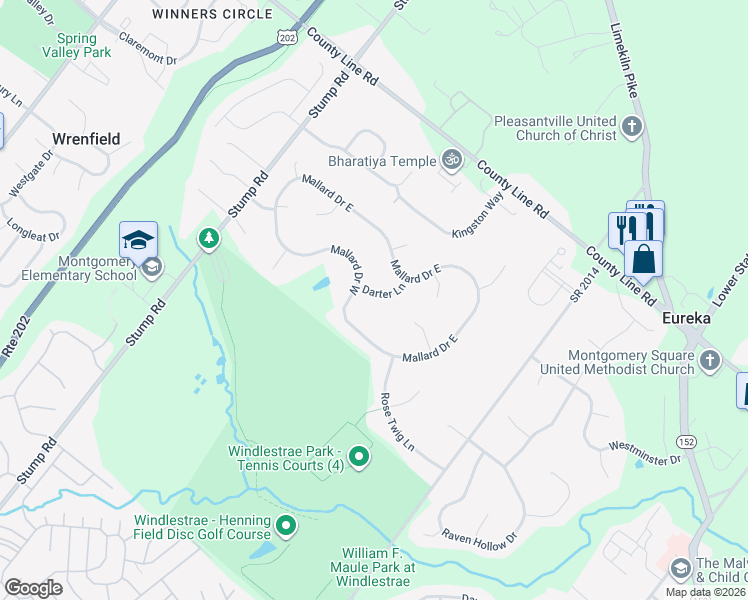 map of restaurants, bars, coffee shops, grocery stores, and more near 102 Darter Lane in North Wales