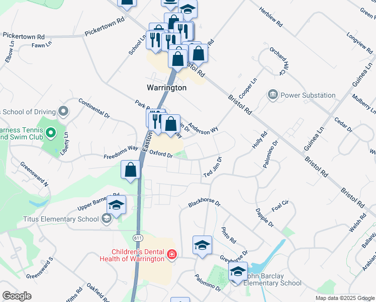 map of restaurants, bars, coffee shops, grocery stores, and more near 1219 Suzann Drive in Warrington