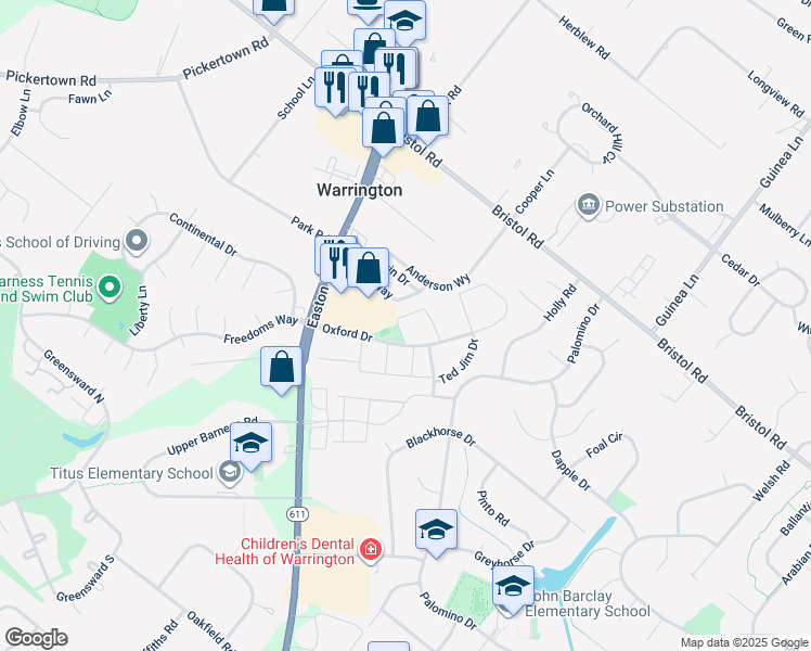 map of restaurants, bars, coffee shops, grocery stores, and more near 1219 Suzann Drive in Warrington