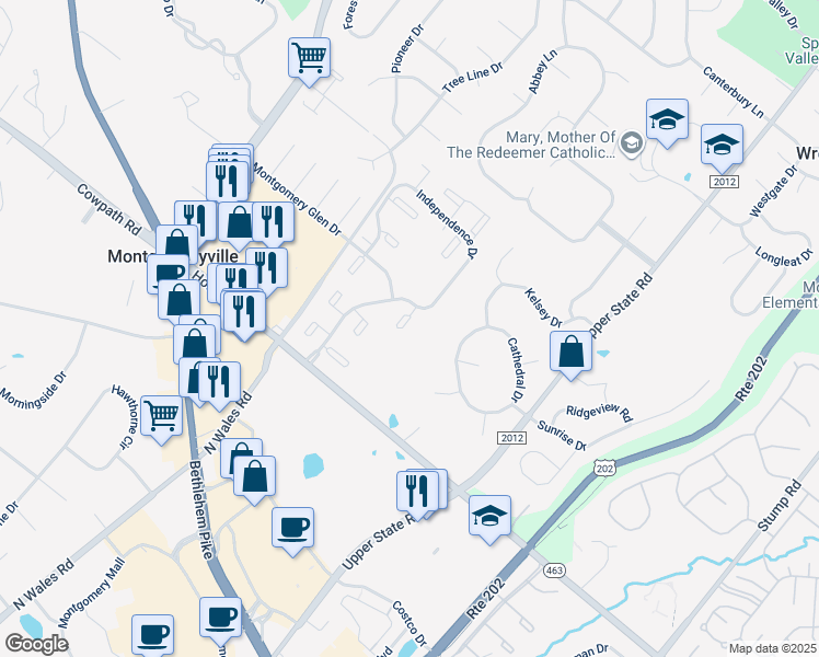 map of restaurants, bars, coffee shops, grocery stores, and more near 110 Rutledge Court in North Wales