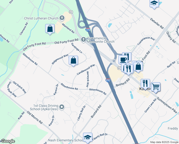 map of restaurants, bars, coffee shops, grocery stores, and more near 214 Norwyck Way in Harleysville