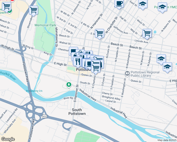 map of restaurants, bars, coffee shops, grocery stores, and more near in Pottstown