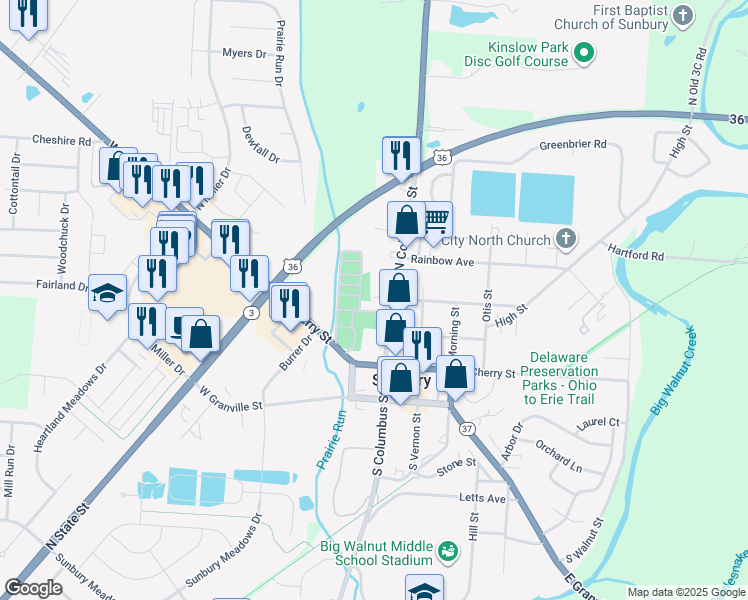 map of restaurants, bars, coffee shops, grocery stores, and more near 111 North Columbus Street in Sunbury