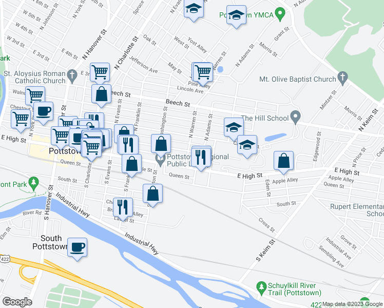 map of restaurants, bars, coffee shops, grocery stores, and more near 608 King Street in Pottstown