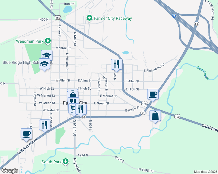 map of restaurants, bars, coffee shops, grocery stores, and more near 417 East High Street in Farmer City
