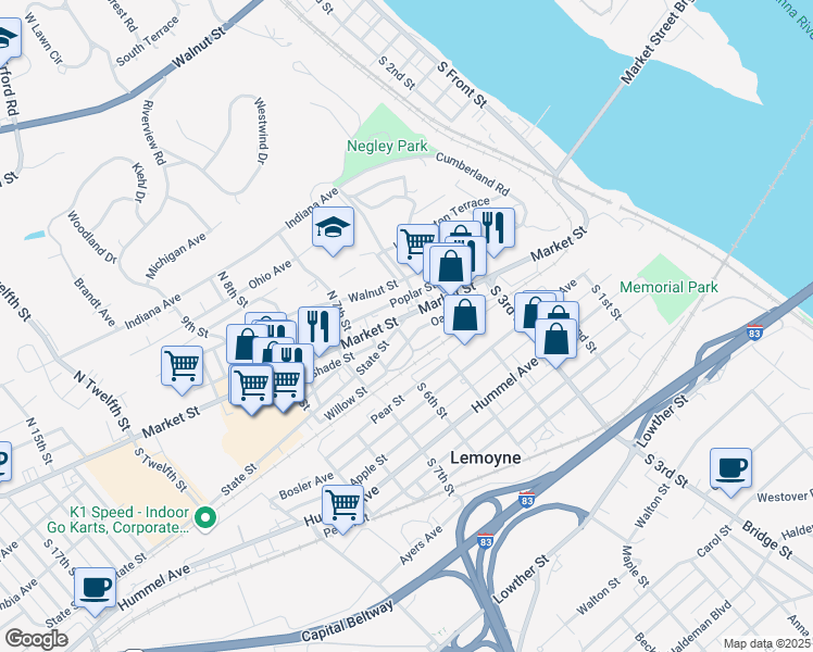 map of restaurants, bars, coffee shops, grocery stores, and more near 522 Market Street in Lemoyne