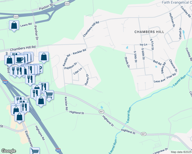 map of restaurants, bars, coffee shops, grocery stores, and more near 5073 Bass Lake Drive in Harrisburg