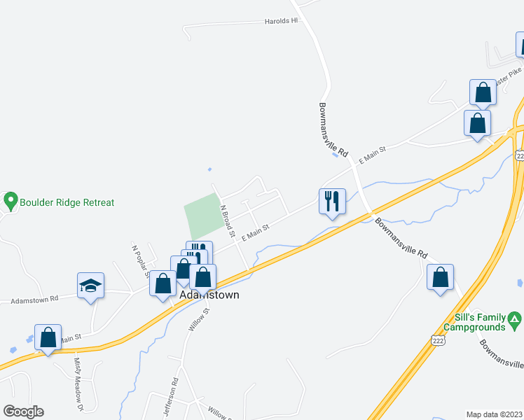 map of restaurants, bars, coffee shops, grocery stores, and more near 65 East Washington Street in Reinholds