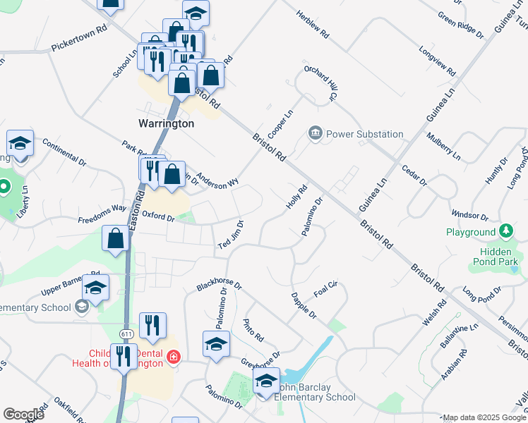 map of restaurants, bars, coffee shops, grocery stores, and more near 1266 Holly Road in Warrington