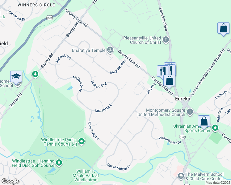 map of restaurants, bars, coffee shops, grocery stores, and more near 217 Mallard Drive East in North Wales