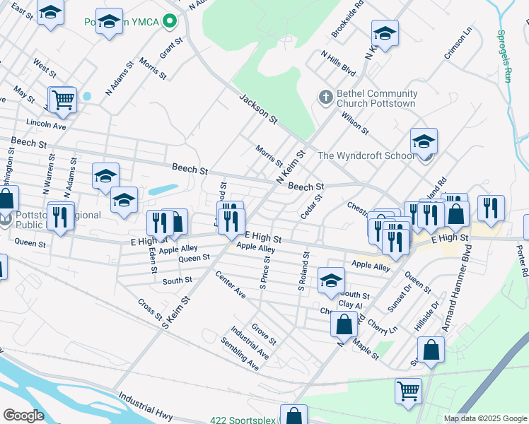 map of restaurants, bars, coffee shops, grocery stores, and more near 1011 Rambler Avenue in Pottstown