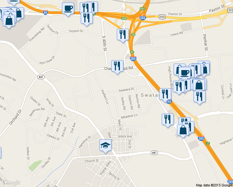 map of restaurants, bars, coffee shops, grocery stores, and more near 4080 Swatara Dr in Harrisburg