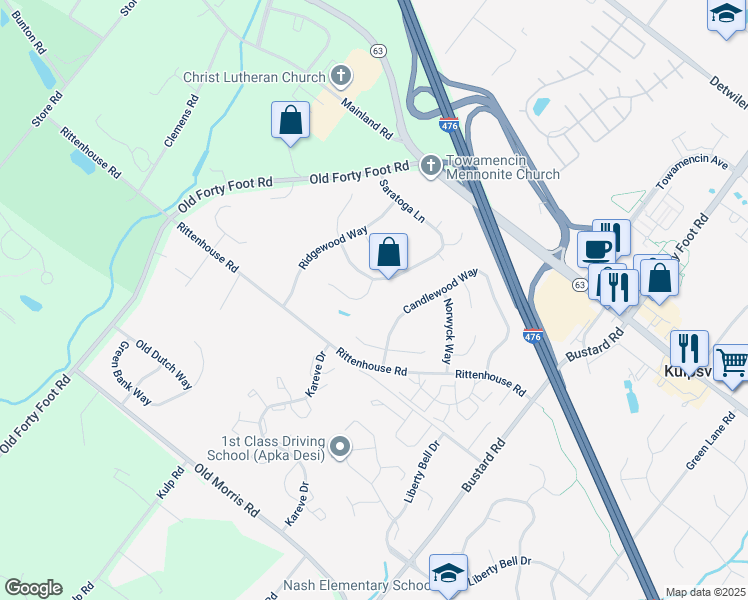map of restaurants, bars, coffee shops, grocery stores, and more near 5 Hackney Way in Harleysville