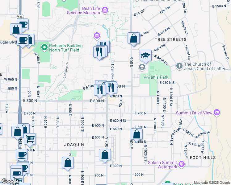 map of restaurants, bars, coffee shops, grocery stores, and more near 785 East 820 North in Provo