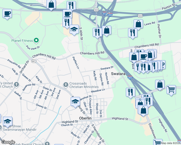 map of restaurants, bars, coffee shops, grocery stores, and more near 4080 Swatara Drive in Harrisburg